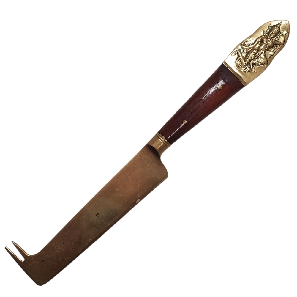 Vintage Siam Thailand Sitting Buddha Bronze & Wood Handle Cheese Knife/Pick